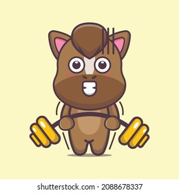 Cute horse lifting barbell. Cute cartoon animal illustration. Vector isolated, flat illustration for poster, brochure, web, mascot, sticker, logo and icon.