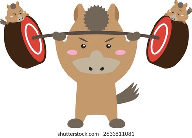 Cute Horse Lifting Barbell with Mini Horses – 2026 Zodiac Character Illustration