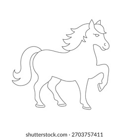 Cute horse line art vector illustration. Simple outline drawing of prancing horse for coloring pages, children activities, educational materials, and creative design projects. 2026 symbol.

