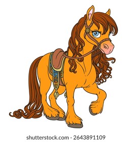 Cute horse with lush mane harnessed to a saddle on white background