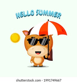 Cute horse mascot carrying umbrella with summer greetings
