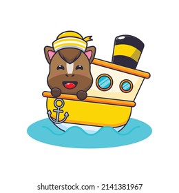 cute horse mascot cartoon character on the ship