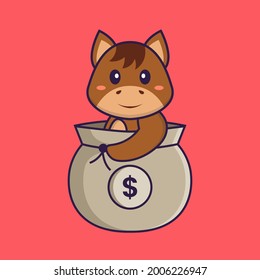 Cute horse in a money bag. Animal cartoon concept isolated. Can used for t-shirt, greeting card, invitation card or mascot.