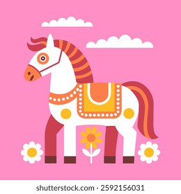 Cute horse in nature with flowers on pink background. Horse illustration in folk art style. Pop art illustration.