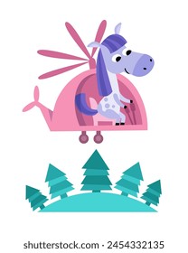Cute horse on helicopter on white background. Cartoon character. Transport and animals. Vector illustration.