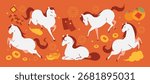 Cute horse and ornament vector set. Chinese New Year of horse with white horse, lantern, orange, gold nugget, firecracker, firework, envelope, coin. Design for card, poster, sticker, banner, ads.
