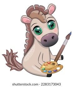 Caballo con paleta de pintura y pincel, personaje de artista, ilustración infantil.