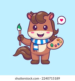 Cute Horse Painting Cartoon Vector Icon Illustration. Animal Education Icon Concept Isolated Premium Vector. Flat Cartoon Style