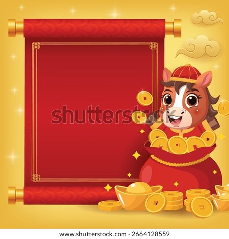 Cute horse peeks out of a red money bag