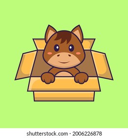Cute horse Playing In Box. Animal cartoon concept isolated. Can used for t-shirt, greeting card, invitation card or mascot.