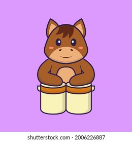 Cute horse is playing drums. Animal cartoon concept isolated. Can used for t-shirt, greeting card, invitation card or mascot.
