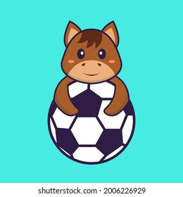 Cute horse playing soccer. Animal cartoon concept isolated. Can used for t-shirt, greeting card, invitation card or mascot.