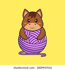 Cute horse playing with wool yarn. Animal cartoon concept isolated. Can used for t-shirt, greeting card, invitation card or mascot.