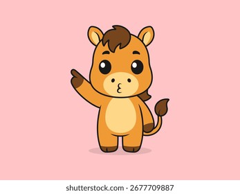 Cute Horse Pointing to the Sky – Flat Vector Cartoon Illustration of a Horse Character.