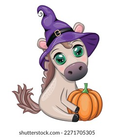 Cute horse, pony in a purple witch hat, with a broom, pumpkin, potion. Halloween card for the holiday.