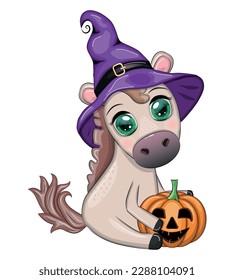 Cute horse, pony in a purple witch hat, with a broom, pumpkin, potion. Halloween card for the holiday.
