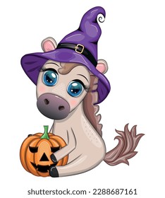 Cute Pferd, Pony in einem violetten Hexenhut, mit einem Besen, Kürbis, Tränke. Halloween-Karte für den Urlaub.