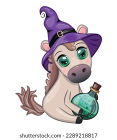 Cute horse, pony in a purple witch hat, with a broom, pumpkin, potion. Halloween card for the holiday.
