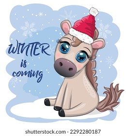 Cute horse, pony in Santa's hat with candy kane, Christmas ball, gift, ice skating. Winter is coming, Christmas postcard