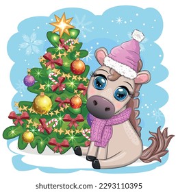 Cute horse, pony in Santa's hat with candy kane, Christmas ball, gift, ice skating. Winter is coming, Christmas postcard