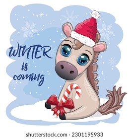 Cute horse, pony in Santa's hat with candy kane, Christmas ball, gift, ice skating. Winter is coming, Christmas postcard