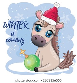 Cute horse, pony in Santa's hat with candy kane, Christmas ball, gift, ice skating. Winter is coming, Christmas postcard