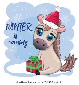 Cute horse, pony in Santa's hat with candy kane, Christmas ball, gift, ice skating. Winter is coming, Christmas postcard