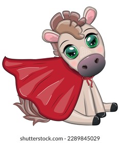 Cute horse, pony superhero in red raincoat rescuer.
