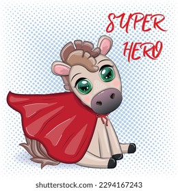 Cute horse, pony superhero in red raincoat rescuer.