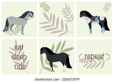cute horse pony unicorn stallion mare foal leaf set of 6 arts for poster postcard sticker print 