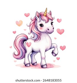 Bonito cavalo pônei unicórnio aquarela clipart vetor desenho.Doce feminino wallpaper.Baby viveiro fundo.Luz pastel cor-de-rosa.Print.Poster.Sticker