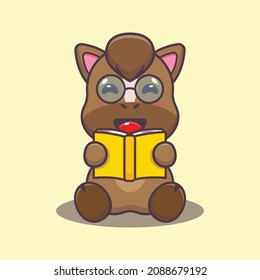 Cute horse reading a book. Cute cartoon animal illustration. Vector isolated, flat illustration for poster, brochure, web, mascot, sticker, logo and icon.