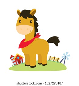 Cute horse with red scarf standing in meadow.