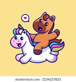 Cute Horse Riding Unicorn Cartoon Vector Icon Illustration. Animal Nature Icon Concept Isolated Premium Vector. Flat Cartoon Style
