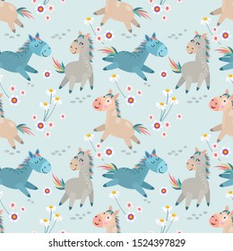 Cute horse running in  flowers garden seamless pattern.