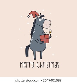 Cute horse in Santa Claus hat holding gift box and champagne glass, happy Christmas inscribed. Vector Christmas card