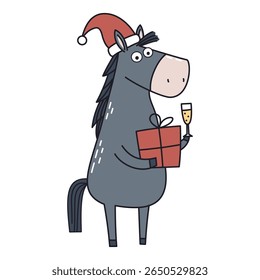 Cute horse in Santa Claus hat holding gift box and champagne glass. Vector Christmas card