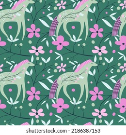 Cute horse seamless pattern im scandinavian style. Hand drawn cartoon illustration with wild flower and stylized animals. Design for fabric, textile print, wrapping paper, cover. Vector illustration