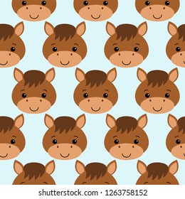 Cute horse seamless pattern on blue background. flat style