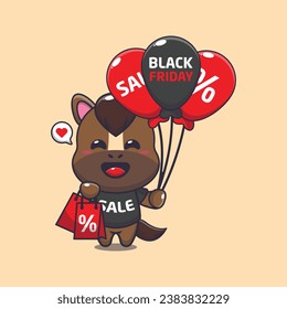 cute horse with shopping bag and balloon at black friday sale cartoon vector illustration