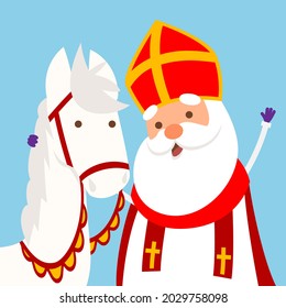 Cute Horse and Sinterklaas or Saint Nicholas hugging - vector illustration