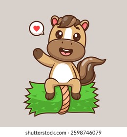 Cute Horse Sitting On Grass And Waving Hand Cartoon Vector Icon Illustration. Animal Nature Icon Concept Isolated Premium Vector. Flat Cartoon Style