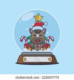 Cute horse in snow globe. Cute christmas cartoon illustration.