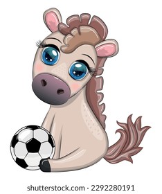 Cute horse with soccer ball. Child character, games for boy