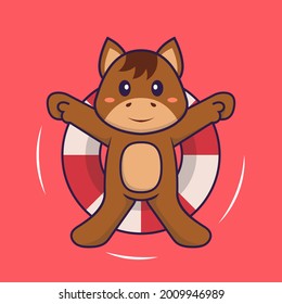 Cute horse is Swimming with a buoy. Animal cartoon concept isolated. Can used for t-shirt, greeting card, invitation card or mascot.