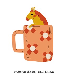 Cute Horse in Teacup, Adorable Little Pony Animal Sitting in Coffee Mug Cartoon Vector Illustration