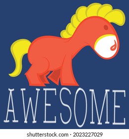 cute horse, text Awesome and blue background