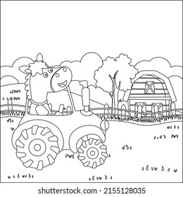 Cute horse and tractor in the farm, funny animal cartoon, Childish design for kids activity colouring book or page.