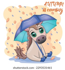 Cute horse with umbrella and rubber boots, autumn is coming theme.