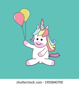 A cute horse or unicorn character is sitting holding a balloon. Vector illustration.